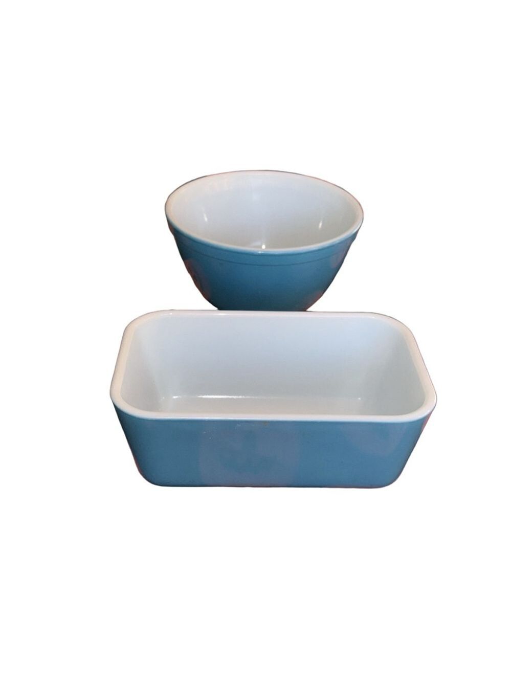 2 Vintage blue Pryex loaf pan number 407 1 1/2 pint bowl ￼